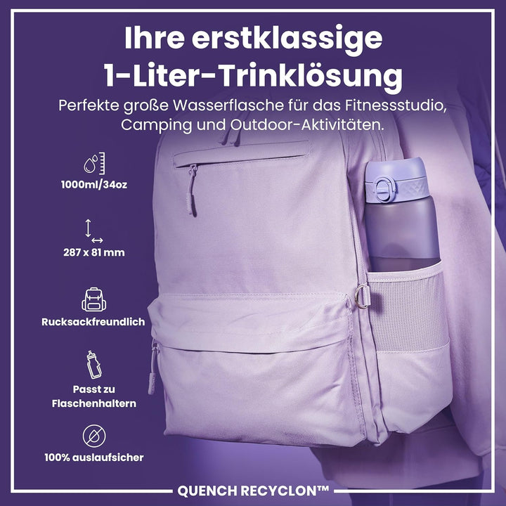 Ion8 1 Liter Trinkflasche, 1000ml, Auslaufsicher, Einhandöffnung, Sichere Verriegelung, Spülmaschine