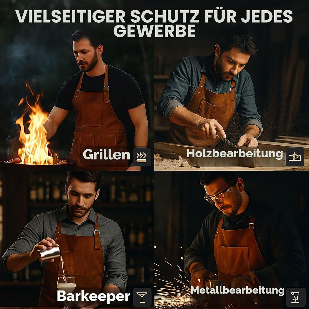 Grill-Arbeitsschürze aus Leder mit Werkzeugtaschen – verstellbare Grill-Kochschürze bis XXL für Männ