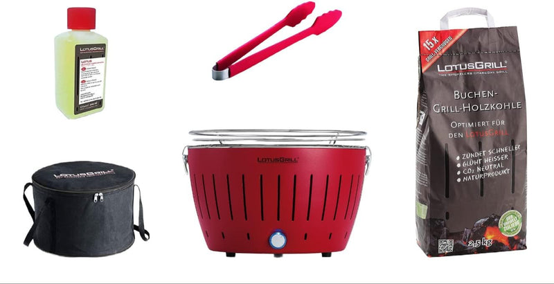 LotusGrill Starter-Set Classic 1x Grill Feuerrot mit USB-Anschluss, 1x Buchenholzkohle 2,5 kg, 1x Br