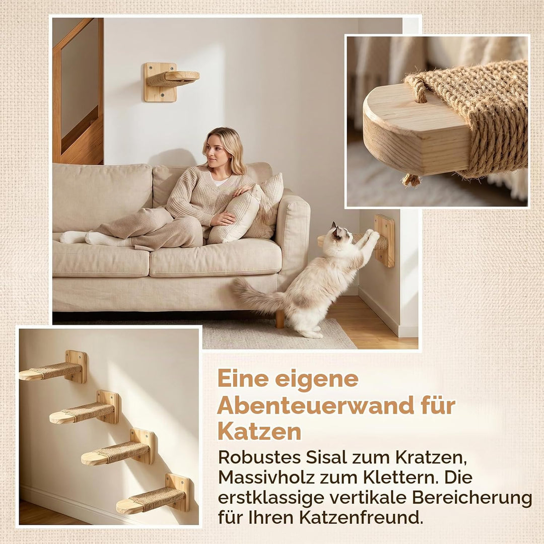 Katzentreppe Wand 4pcs 20CM Lang Natur Holz mit Juteseil Tragfähigkeit 35kg | DIY Kletterwand Katzen