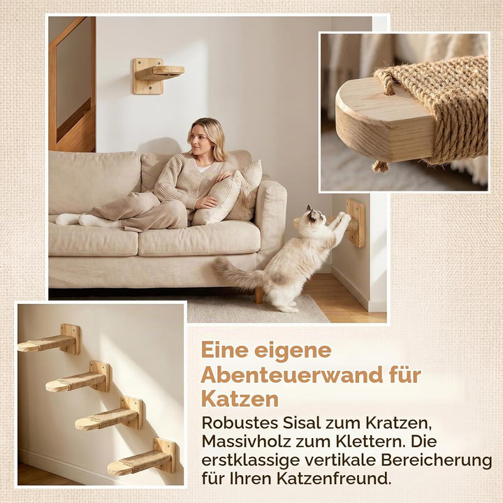 Katzentreppe Wand 4pcs 20CM Lang Natur Holz mit Juteseil Tragfähigkeit 35kg | DIY Kletterwand Katzen