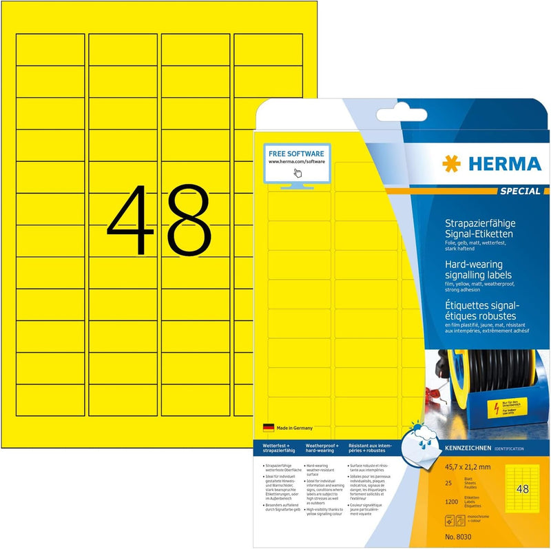 HERMA 8030 Wetterfeste Folienetiketten, 25 Blatt, 45,7 x 21,2 mm, 48 Stück pro A4 Bogen, 1200 Aufkle