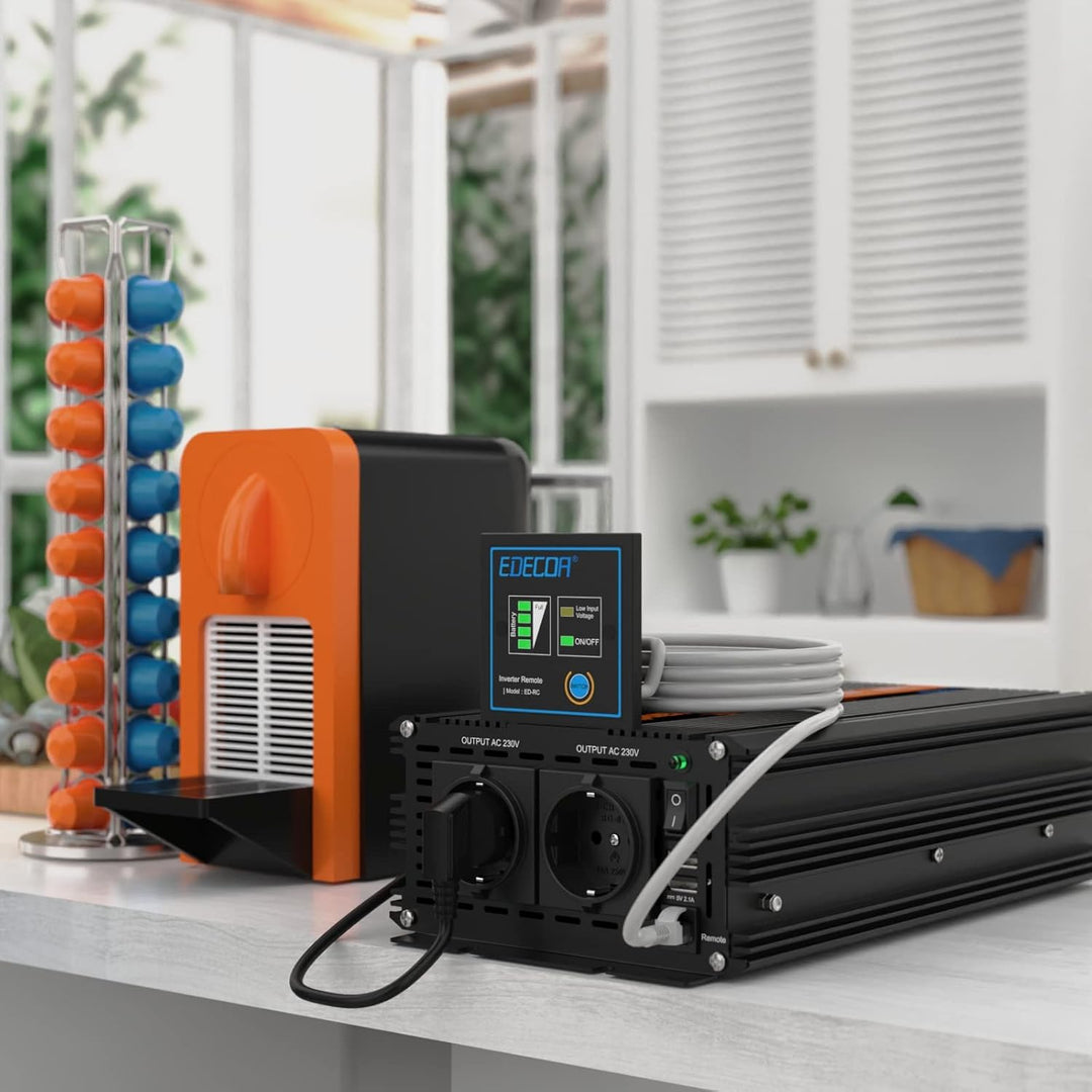 EDECOA Wechselrichter 12v auf 230v Reiner Sinus 2500w Wohnwagen Spannungswandler 2X USB und Fernbedi