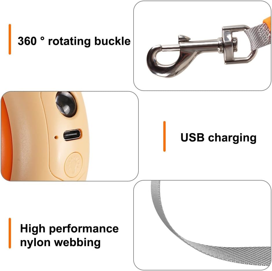 Einziehbare Hundeleine, 4,8m, Robuste Rollleine mit 360°-Drehhaken und LED-Licht, Haustier Leine für