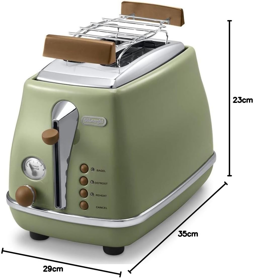 De'Longhi Toaster Icona Vintage CTOV2103.GR - 2-Schlitz-Toaster mit Brötchenaufsatz, Edelstahl in el