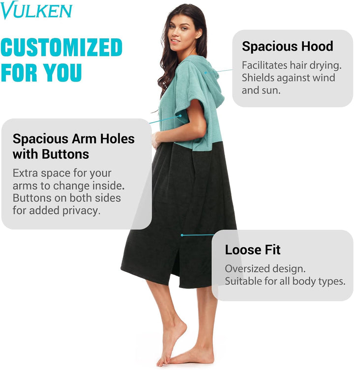 Vulken Bademantel mit Kapuze, Surfponcho für Umziehen Öffentlichkeit Frauen S/M Gross Petrol Teal, T
