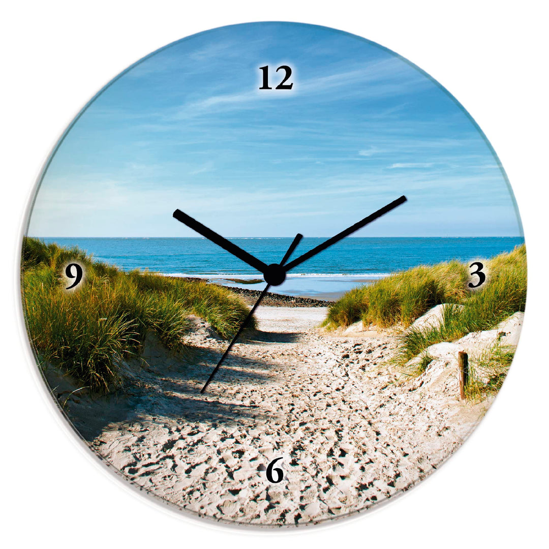 ARTLAND Wanduhr ohne Tickgeräusche Glas Funkuhr Ø 30 cm Rund Lautlos Strand Sanddünen Weg zur See St