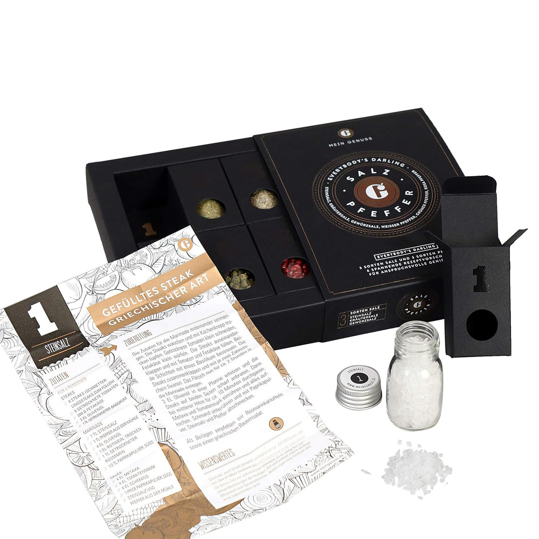 MEIN GENUSS Gewürzset Salz und Pfeffer – Salz und Pfeffer Probier-Set – Geschenk für Kochanfänger un