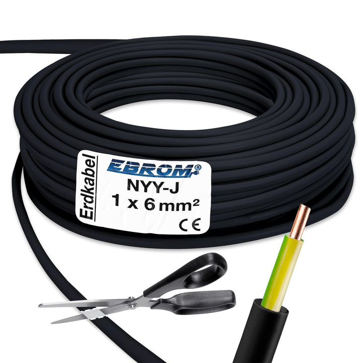 EBROM Erdkabel Blitzschutz NYY-J 1x6 mm² Erdungskabel, schwarz, 50 Meter | 5 m bis 100 m - 1x6 mm2 -