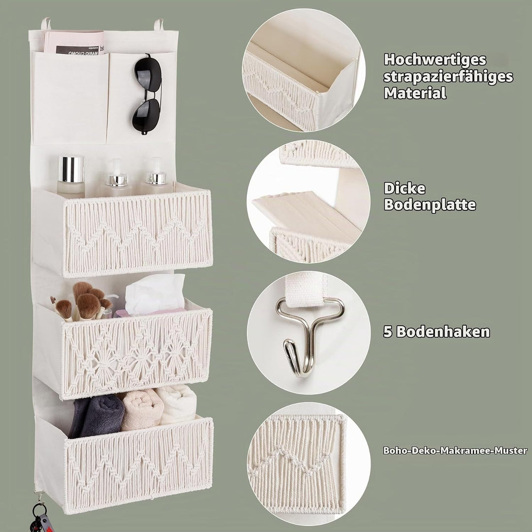 Hängeorganizer mit 3 Taschen, Boho Makramee Wand Organizer mit Haken, Hängende Aufbewahrung aus Baum