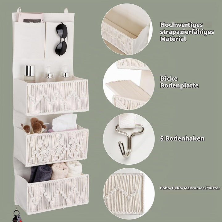Hängeorganizer mit 3 Taschen, Boho Makramee Wand Organizer mit Haken, Hängende Aufbewahrung aus Baum