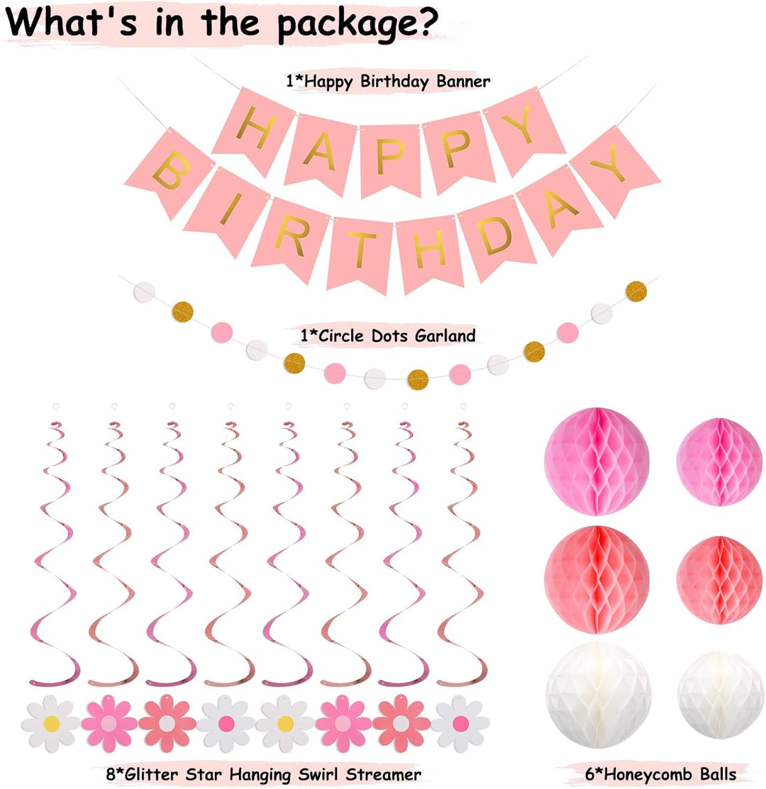 Rosa Dekorationen, Rosa Happy Birthday Banner mit Wabenball, Gänseblümchen Blume Hanging Swirl Strea