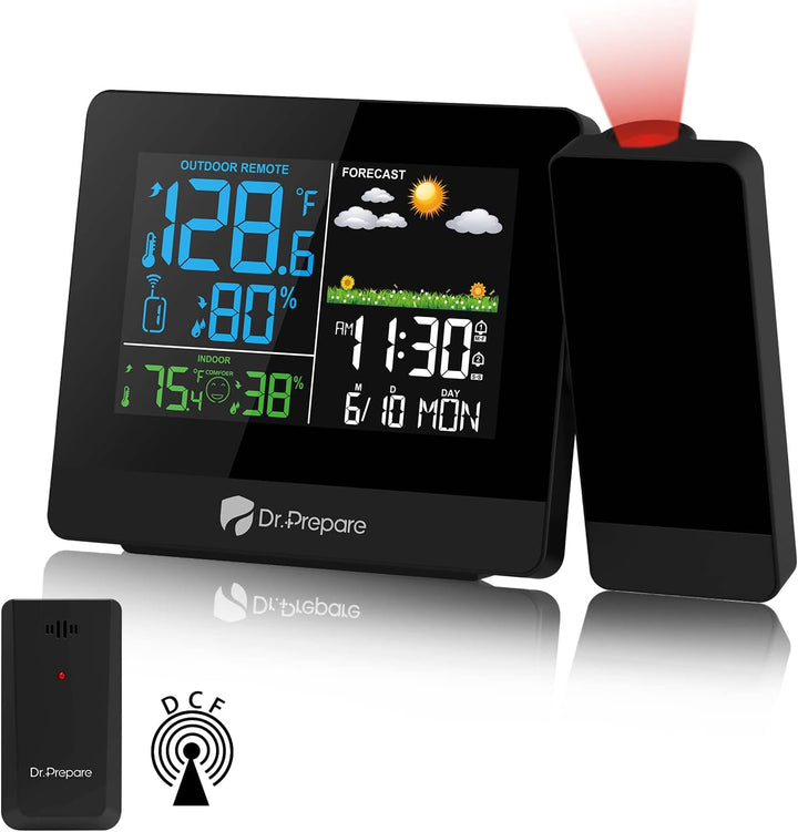 DR.PREPARE Projektionswecker Digitaler Wecker mit Projektion Wetterstation Wecker Projektionsuhr mit