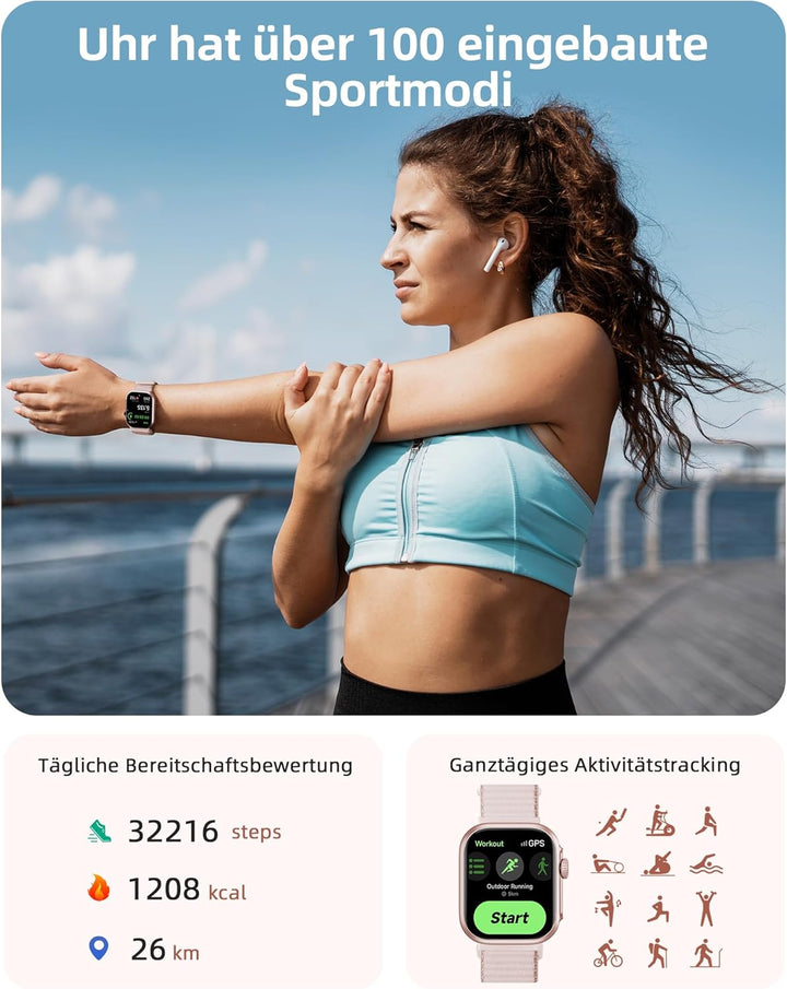 Parsonver Smartwatch Damen mit Telefonfunktion, Fitnessuhr mit GPS, 3 ATM wasserdichte für Schwimmen