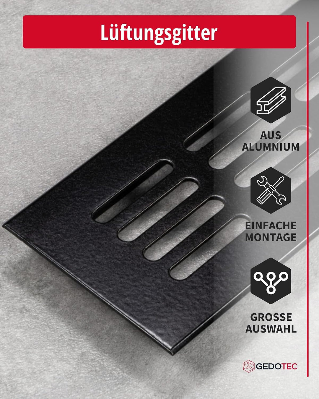 Gedotec Lüftungsgitter rechteckig aus Aluminium - 1 Stück Abluftgitter Schwarz Matt - Heizungsgitter