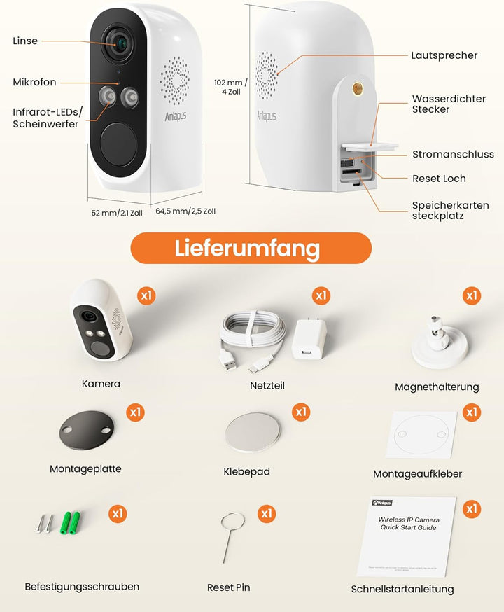 Anlapus 3MP 2K WLAN Überwachungskamera Aussen Innen, WiFi 6 & 2,4GHz, Person-/Fahrzeugerkennung, Far