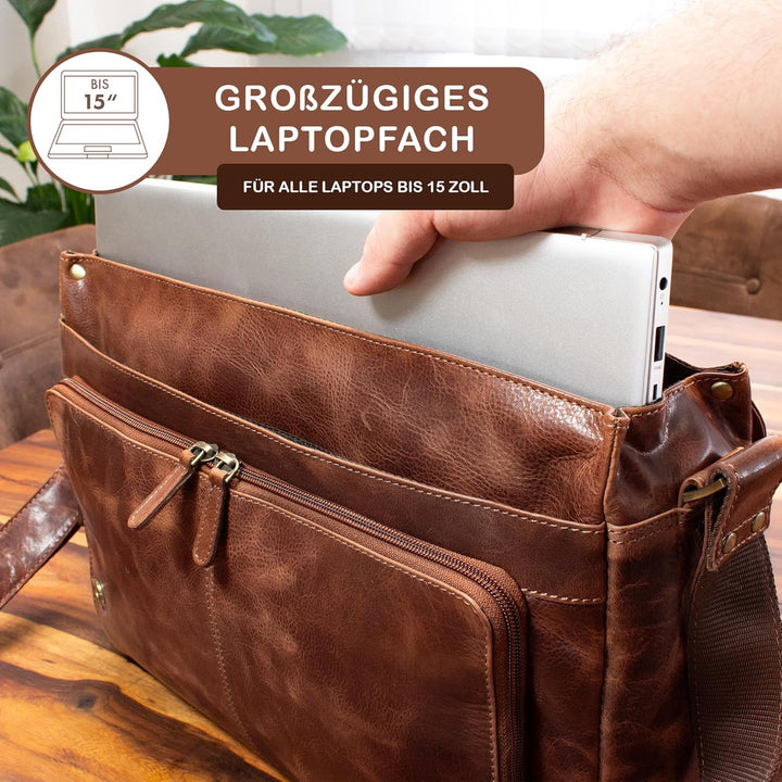 STILORD 'Tom' Vintage Leder Umhängetasche für Studium Uni Büro Arbeit 15 Zoll Laptoptasche DIN A4 Sc