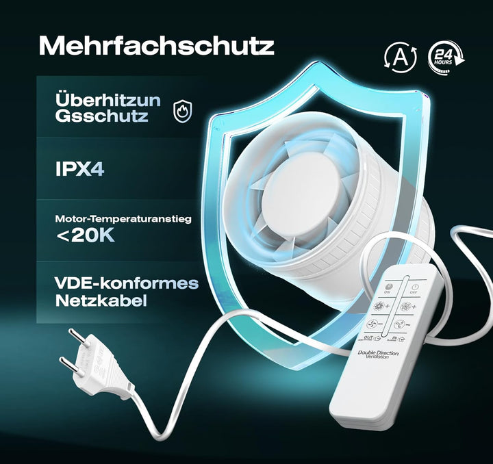 Bidirektionaler Rohrventilator 100mm, 6 Stufen, Fernbedienung – Leistungsstarker Leise Rohrlüfter mi