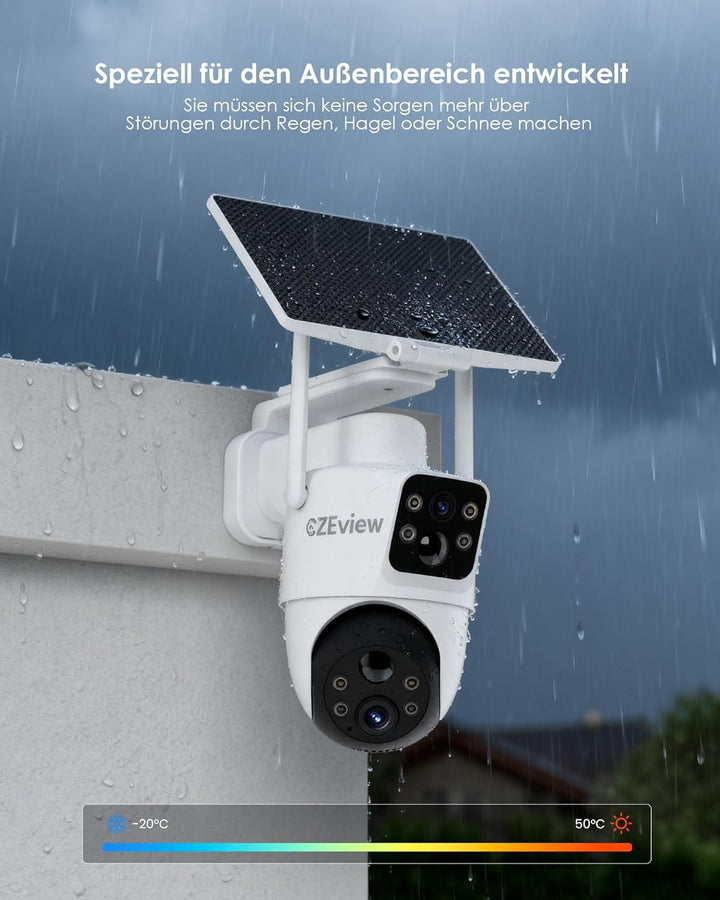 Überwachungskamera Aussen Solar, 4MP/2.4GHz WLAN Kamera Outdoor mit Dual Objektiv, Dual Bewegungsmel