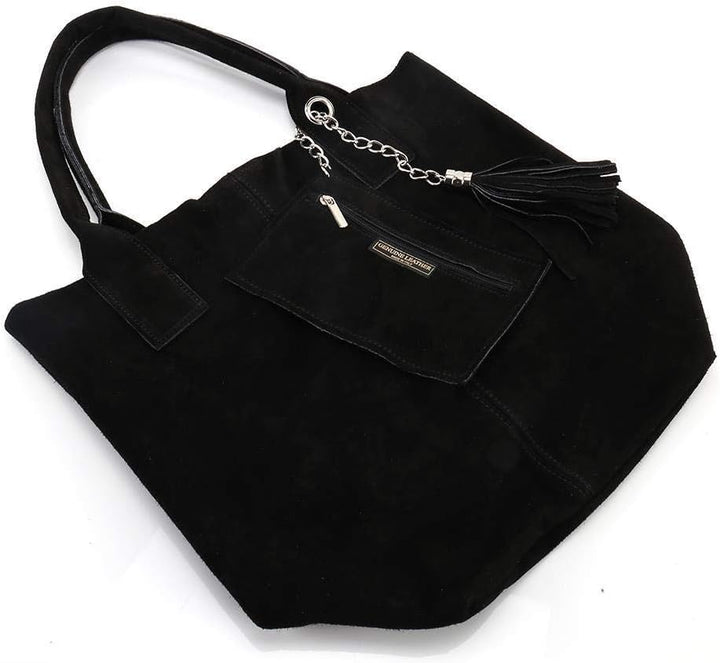 Made IN Italy Damen XXL Leder Tasche Wildleder Shopper Schultertasche + Schmucktasche Blau, Blau