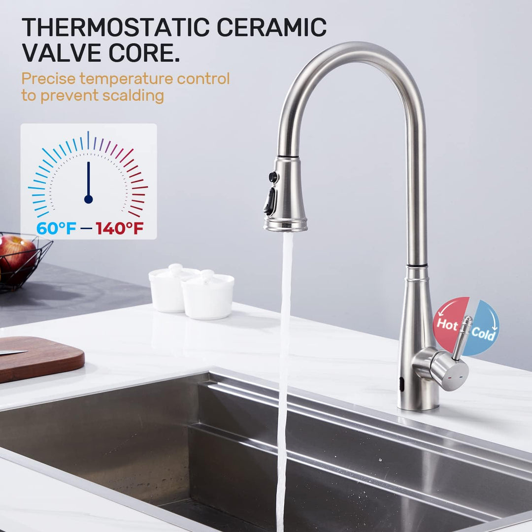 Touchless Sensor Wasserhahn Küche, YUANNY Küchenarmatur mit Ausziehbar Brause, 360° Drehbar Edelstah
