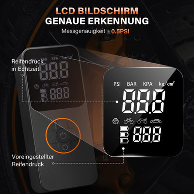 Tragbarer Elektrische Luftpumpe mit 10000mAh Akku Kompressor,150 PSI Fahrradpumpe elektrisch mit Man