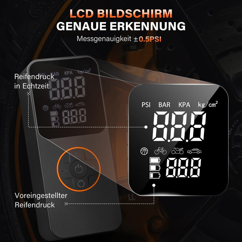 Tragbarer Elektrische Luftpumpe mit 10000mAh Akku Kompressor,150 PSI Fahrradpumpe elektrisch mit Man