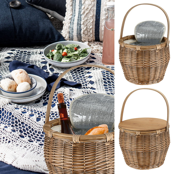 Picknickkorb mit Kühlfach│Picknicktisch Funktion │ Rattan 38x34cm Isoliertasche Holzdeckel │ Flechtk