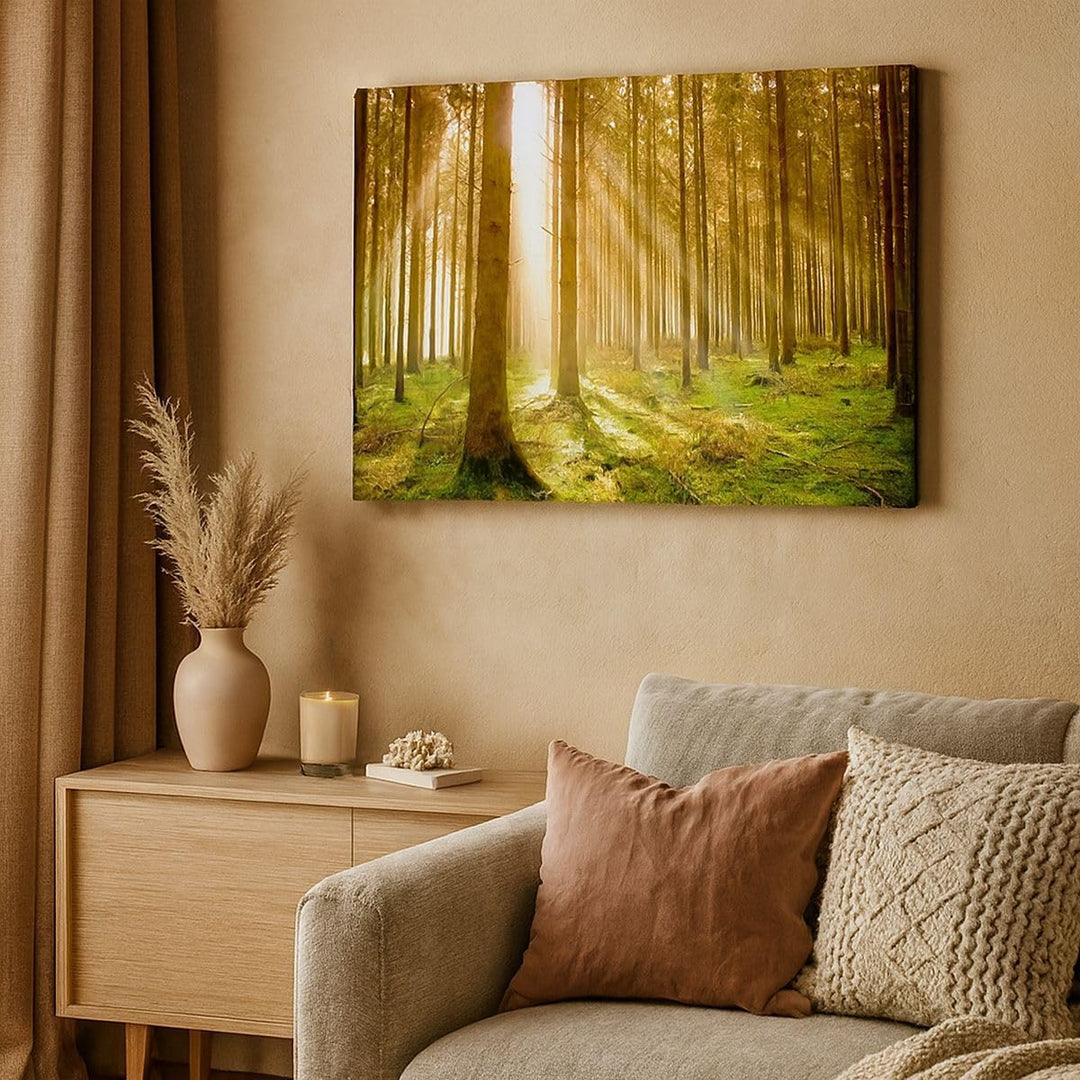 Bilder auf Leinwand 100x70cm Leinwandbild mit Rahmen Bäume Sonne Natur Gross Wanddeko Bild Schlafzim