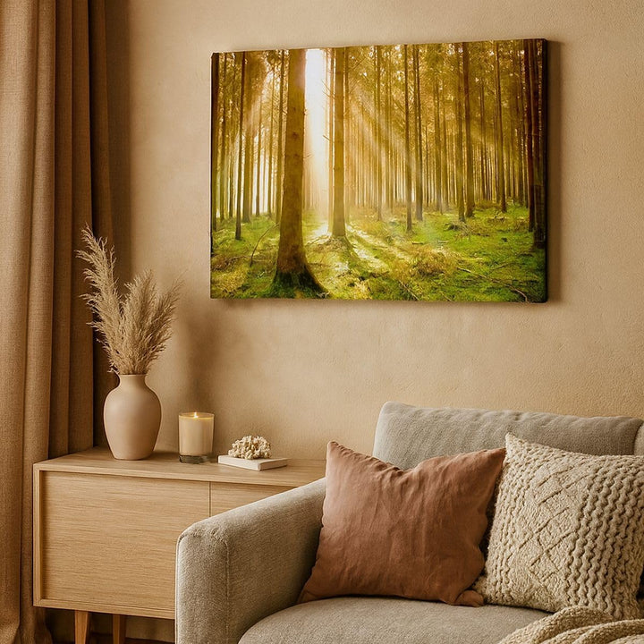 Bilder auf Leinwand 100x70cm Leinwandbild mit Rahmen Bäume Sonne Natur Gross Wanddeko Bild Schlafzim
