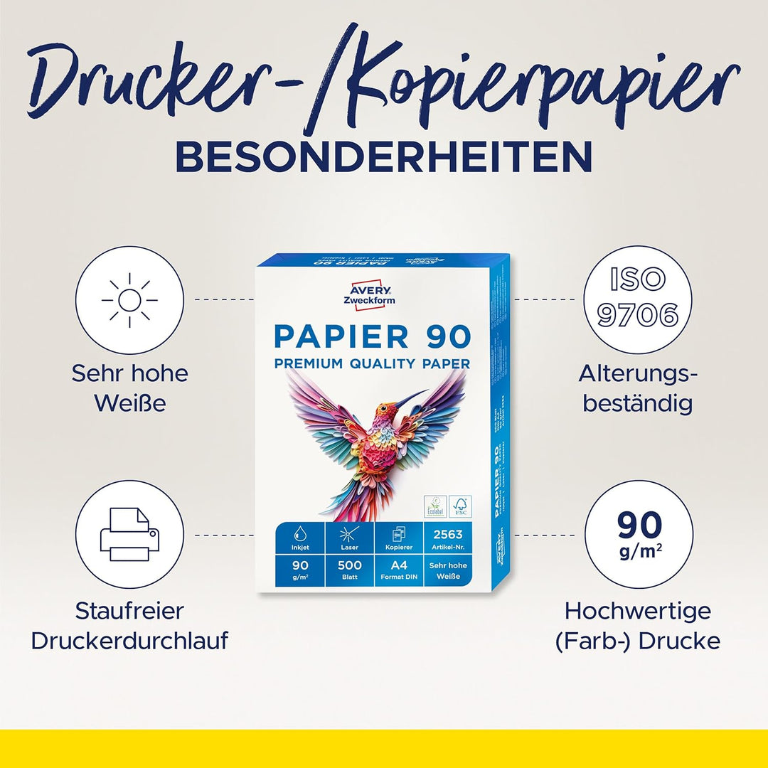AVERY Zweckform 2563 Drucker-/Kopierpapier (500 Blatt, 90 g/m², DIN A4 Papier, hochweiss, für alle D