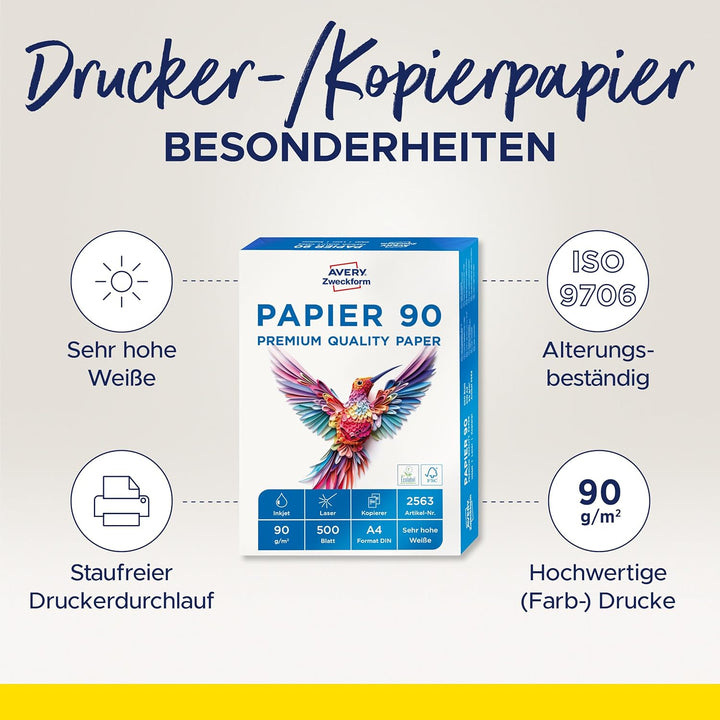 AVERY Zweckform 2563 Drucker-/Kopierpapier (500 Blatt, 90 g/m², DIN A4 Papier, hochweiss, für alle D