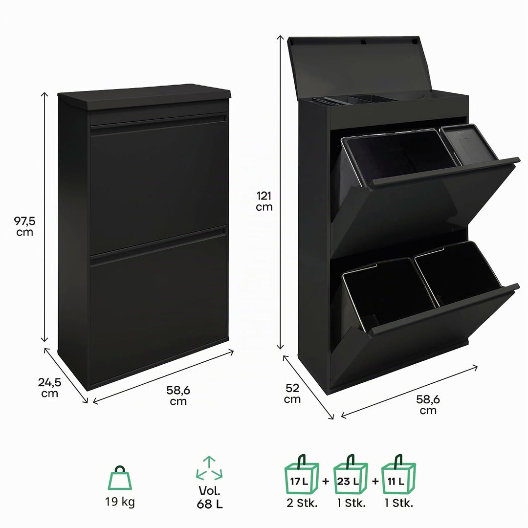 ARREGUI Top CR626-B2 Mülltrennsystem aus Stahl mit Aufbewahrungsbox mit Deckel | 4 Fächer Mülleimer