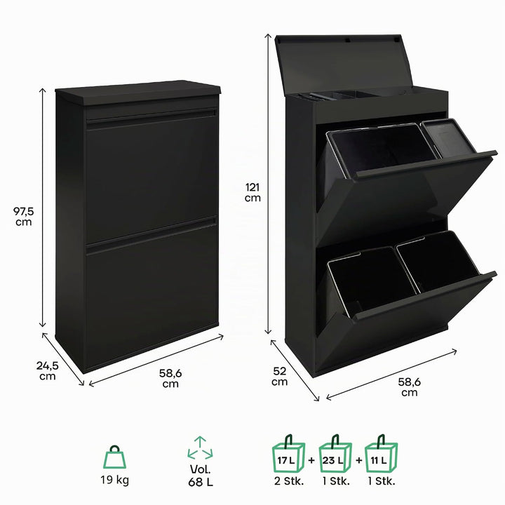 ARREGUI Top CR626-B2 Mülltrennsystem aus Stahl mit Aufbewahrungsbox mit Deckel | 4 Fächer Mülleimer