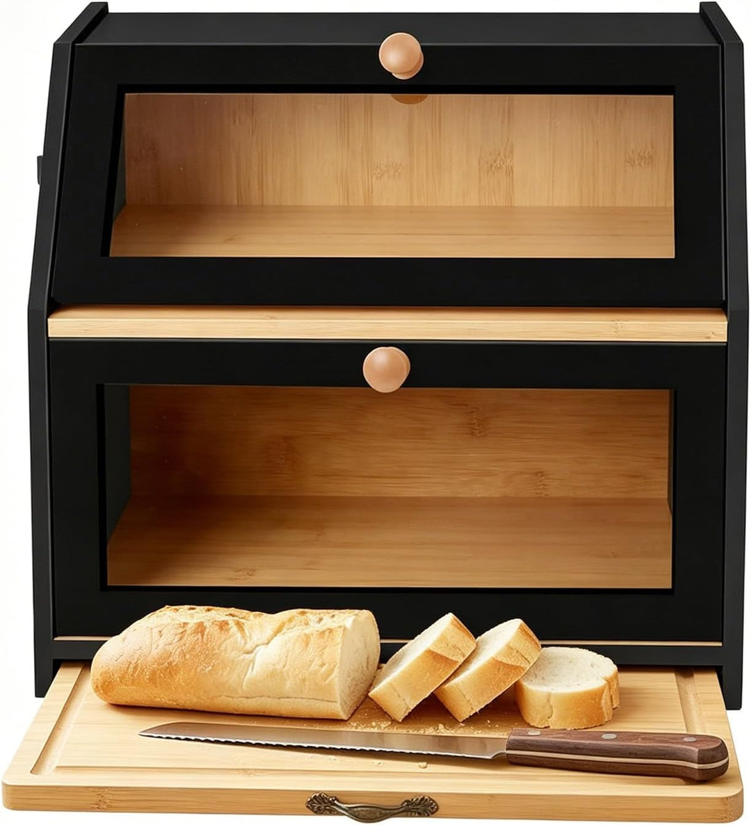 HUOLE Brotkasten Bambus 2 Etagen Brotkasten Küchenorganizer Brotkasten Holz Brotkasten mit Sichtfens