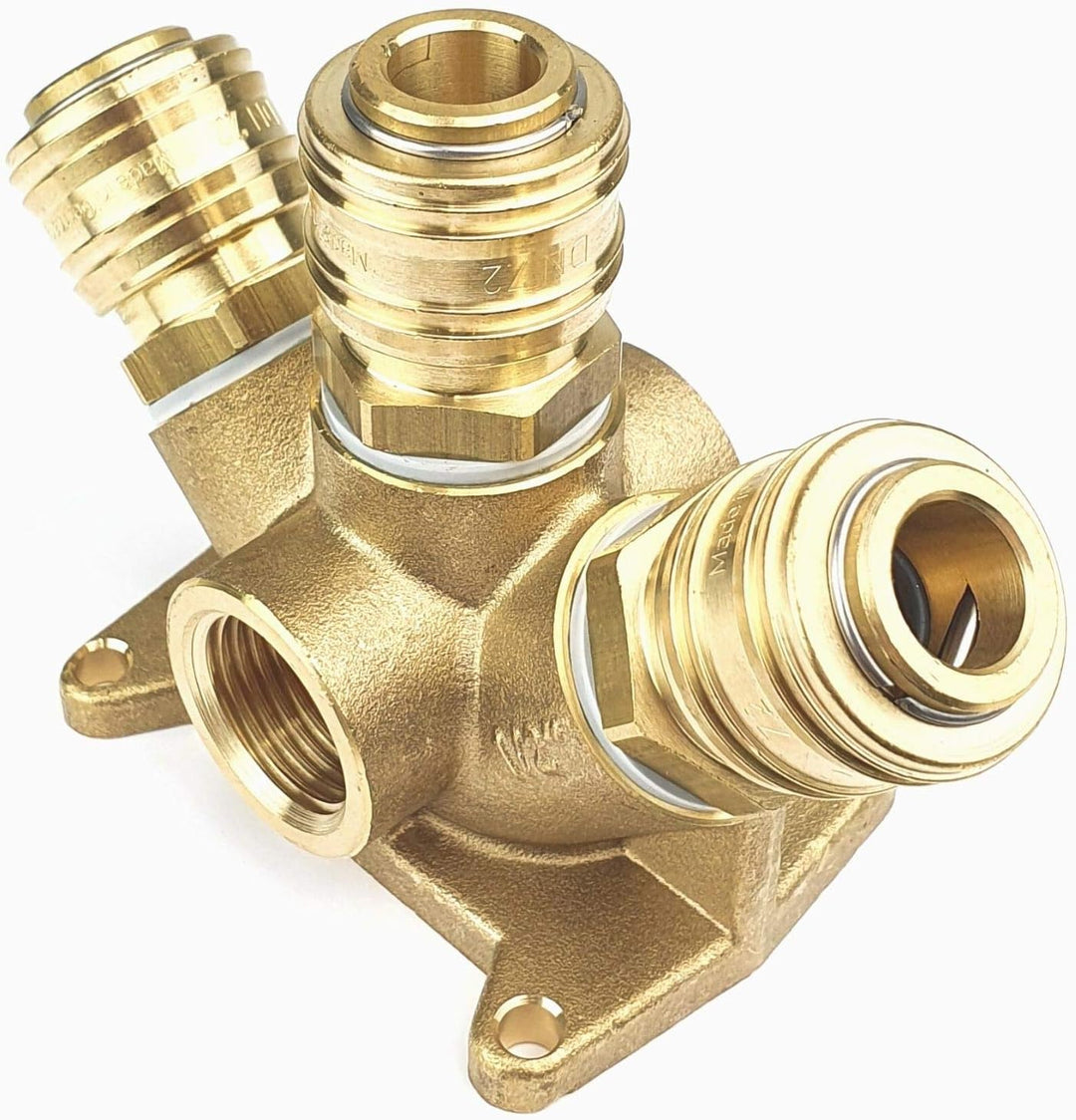 Druckluftverteiler Wanddose Druckluftweiche aus Messing mit 2 x 1/2" Eingangsgewinde und 3 x Kupplun