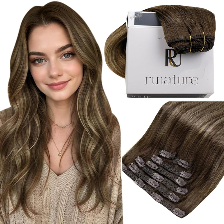 RUNATURE Extensions Echthaar Clip Braun Balayuage Ombre Blond 50cm Clip in Extensions Echthaar Braun
