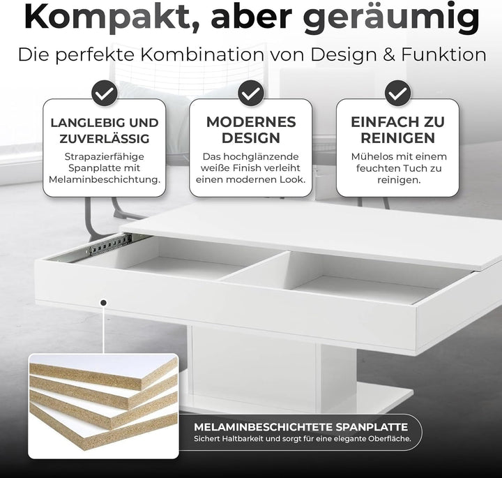 [en.casa] Couchtisch mit 2 Staufächern unter Schiebeplatte Wohnzimmertisch mit Truhefunktion Kaffeet