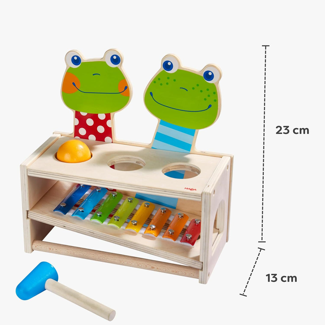 HABA 304271 - Klang-Klopfbank Froschkonzert, Klopfbank und Metallophon mit Kugel und Schlägel, Spiel