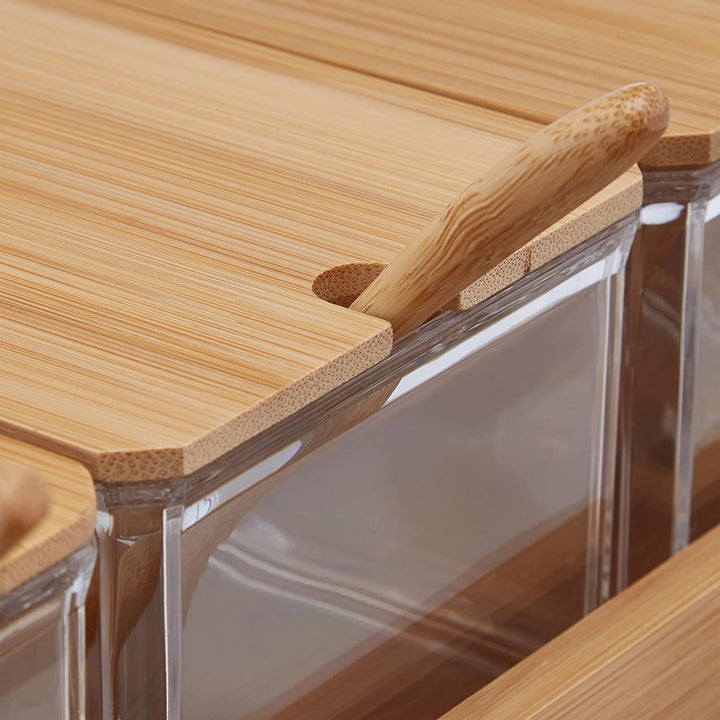 Relaxdays Gewürzbehälter 3er Set, Gewürzdosen mit Löffel & Deckel, Kunststoff, Bambus, Zuckerdosen,