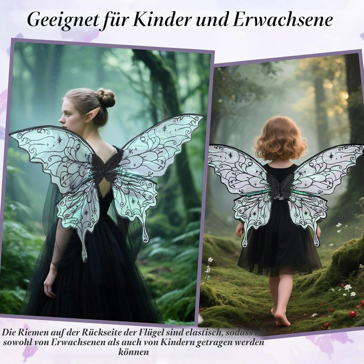 4 Stück Feenflügel Erwachsene Set Schmetterlingsflügel Blumenkranz Feenstab Elfenohren Fasching Dame