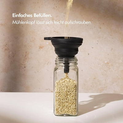 KIVY Salz und Pfeffermühle 2er Set + 8 Wasserfeste Label - Verstellbares Keramikmahlwerk - Gewürzmüh
