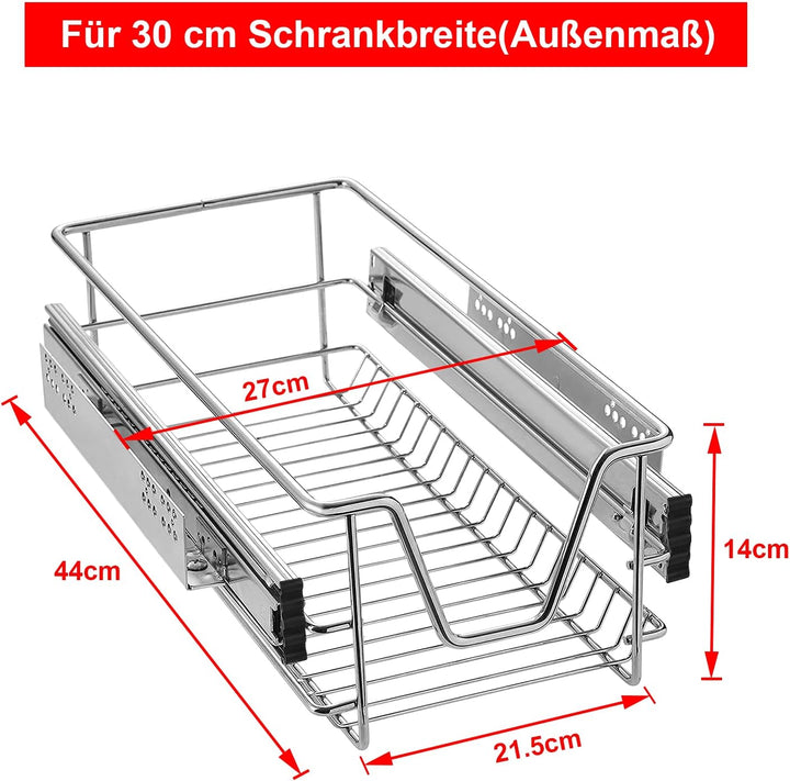 NAIZY 2x Teleskopschublade 30cm Breite anwendbar Küchenschublade Silber Küchen Regal aus Massiver Ed