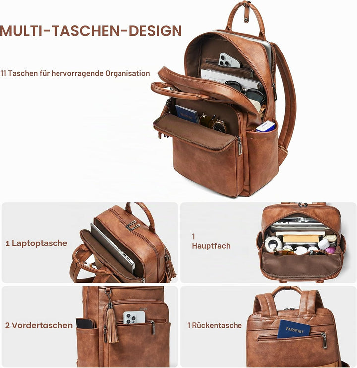 Shrrie Rucksack Damen, 15,6 Zoll Laptop Rucksack Leder Wasserdicht mit laptopfach, Computer-Rucksack