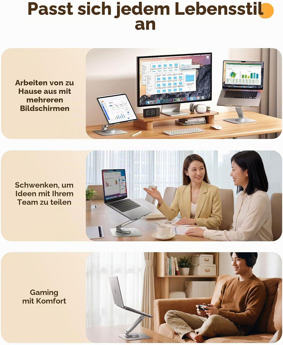 ORICO Laptop Ständer Höhenverstellbar mit 360° Drehsockel, Faltbarer Ergonomischer Notebook Ständer