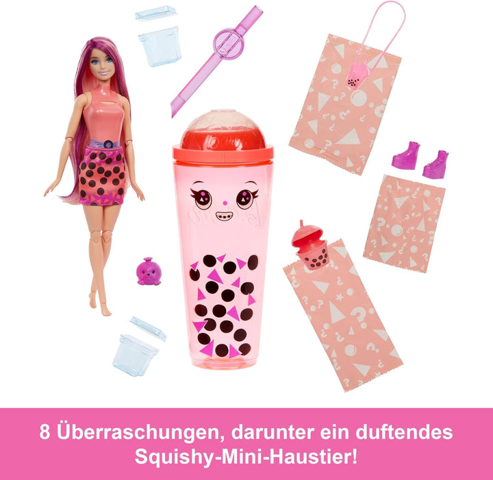 Barbie Pop Reveal Bubble Tea Serie Puppe und Zubehör, duftende Mango-Mochi-Modepuppe mit Haustier, 8