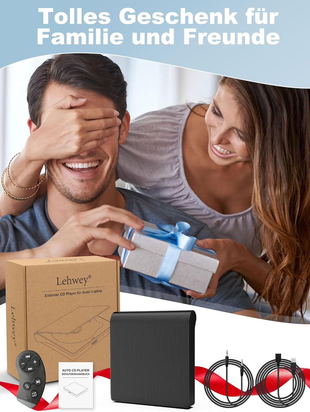 CD Player für Auto mit USB Anschluss - Lehwey CD Laufwerk für Auto mit 1M Verlängerungskabel, Extern