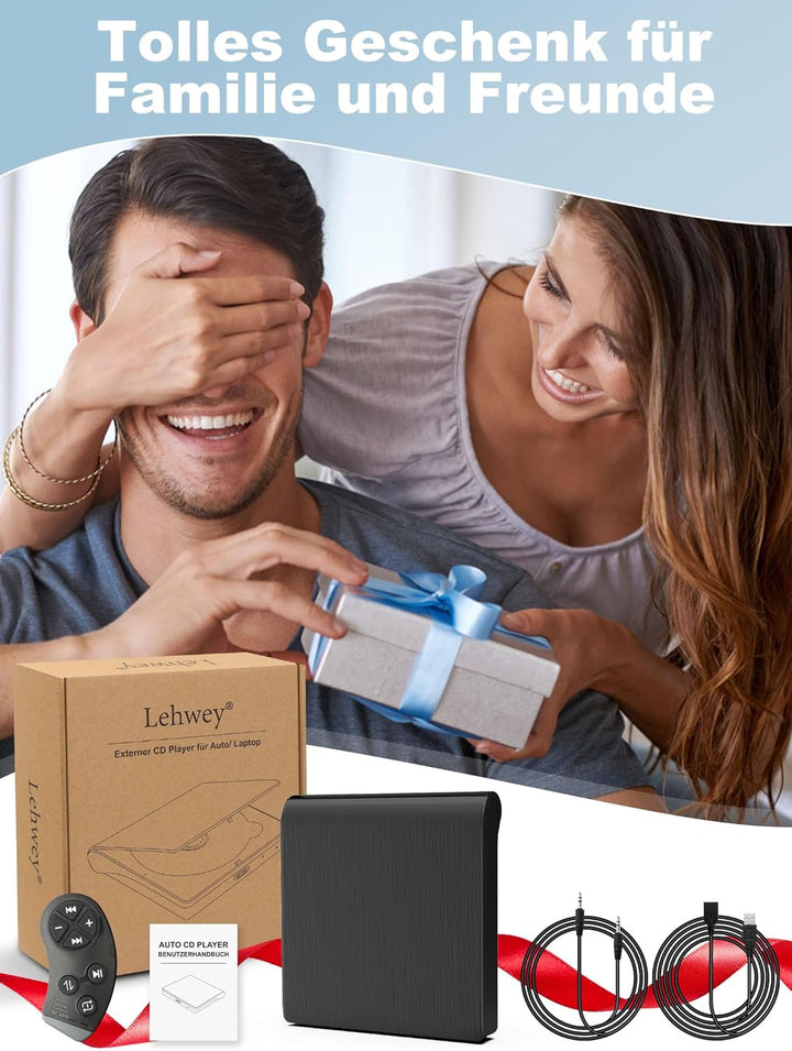 CD Player für Auto mit USB Anschluss - Lehwey CD Laufwerk für Auto mit 1M Verlängerungskabel, Extern