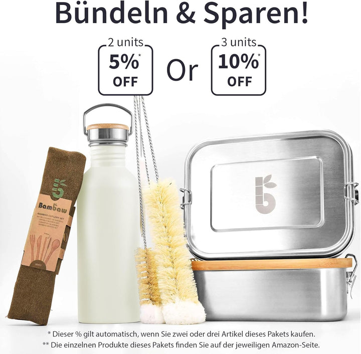 Bambaw Edelstahl Flasche 1l, Nicht-isolierte Trinkflasche Weiss, Trinkflasche 1l Schraubverschluss,