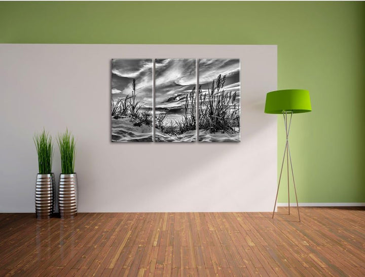 Pixxprint Monocrome, Gras am Strand bei Sonnenuntergang 3-Teiler Leinwandbild 120x80 Bild auf Leinwa